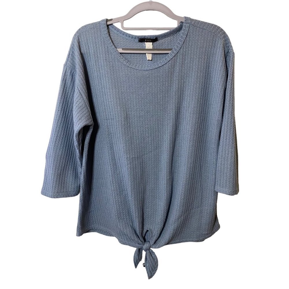 Gyft Blue Tie Front Waffle Knit 3/4th sleeve women's top‎ Sz L
